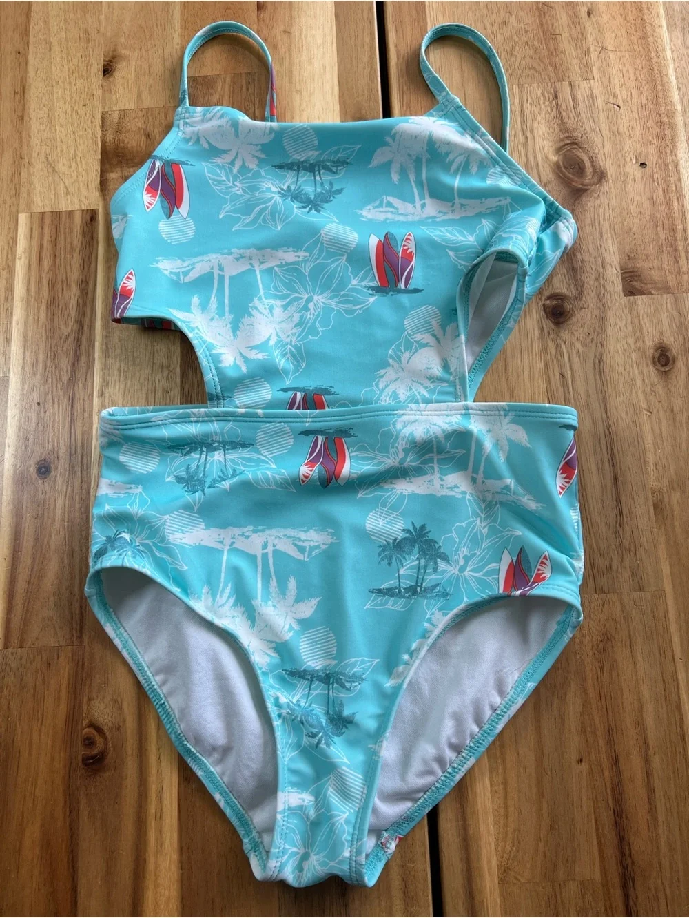 OshKosh B’gosh Girls Tropical Cutout One Piece Swimsuit Aqua Surf Print Size 10